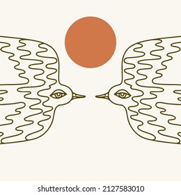 Vector hand drawn minimalistic illustration of birds . Creative artwork. Template for card, poster, banner, print for t-shirt, pin, badge, patch.