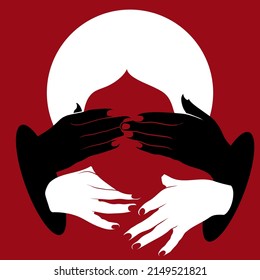 Vector hand drawn minimalistic illustration of human head with hands . Creative artwork. Template for card, poster, banner, print for t-shirt, pin, badge, patch.