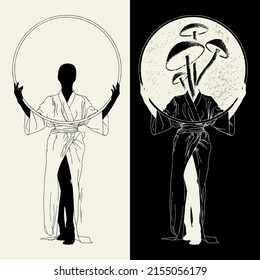 Vector hand drawn minimalistic illustration of woman with mushrooms. Creative artwork. Template for card, poster, banner, print for t-shirt, pin, badge, patch.