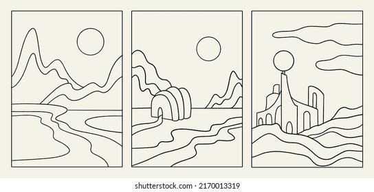 Vector hand drawn minimalistic illustration of landscape . Creative abstract one line artwork with quote . Template for card, poster, banner, print for t-shirt, pin, badge, patch.