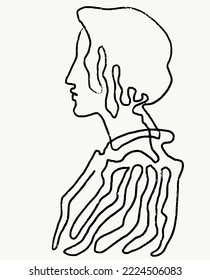 Vector hand drawn minimalistic illustration of female girl profile. Creative ink brush textured artwork about . Template for card, poster, banner, print for t-shirt, pin, badge, patch.