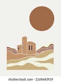 Vector hand drawn minimalistic placard with illustration of landscape. Creative abstract artwork . Template for card, poster, banner, print for t-shirt, pin, badge, patch.