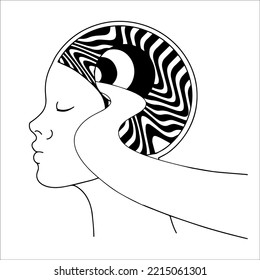 Cartel minimalista dibujado a mano vectorial con la ilustración del perfil femenino. Obra de arte creativa y abstracta. Plantilla para tarjeta, afiche, banner, imprimir para camiseta, pin, insignia, parche.