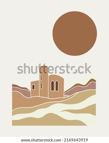 Vector hand drawn minimalistic placard with illustration of landscape. Creative abstract artwork . Template for card, poster, banner, print for t-shirt, pin, badge, patch.