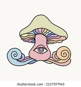 Vector hand drawn minimalistic surreal illustration with eye on rainbow mushroom . Creative artwork. Template for card, poster, banner, print for t-shirt, pin, badge, patch.