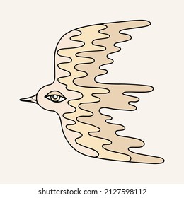 Vector hand drawn minimalistic surreal illustration with bird . Creative artwork. Template for card, poster, banner, print for t-shirt, pin, badge, patch.