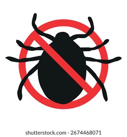Vector hand drawn mite silhouette crossed in red circle isolated on white background