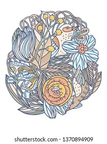 vector hand drawn mix of fantasy blooms and birds