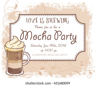 vector hand drawn mocha party invitation card, vintage frame, glass and leaves.
