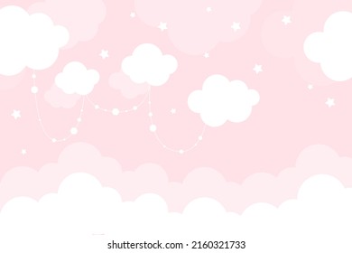 Vector hand drawn modern childrens wallpaper. Airy cute clouds and stars on a pink background. Scandinavian style. To decorate a child's room. Wallpaper for a little princess.