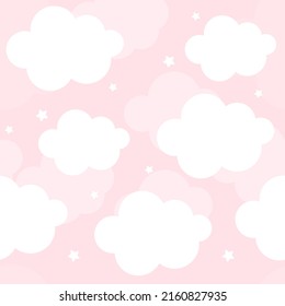 Vector hand drawn modern childrens wallpaper. Airy cute clouds and stars on a pink background. Seamless pattern. Scandinavian style. To decorate a child's room. Wallpaper for a little princess.