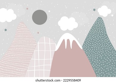 Vector hand drawn modern design of kids mountains. Mountains in doodle style. For children's wallpapers. Mountains, clouds, moon and stars.