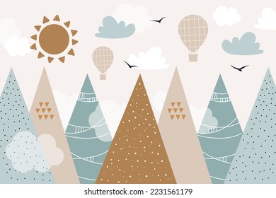 Diseño moderno de las montañas para niños dibujado a mano. Montañas al estilo doodle. Para los papeles pintados para los niños. Montañas, nubes, globo de aire, sol y pájaros.