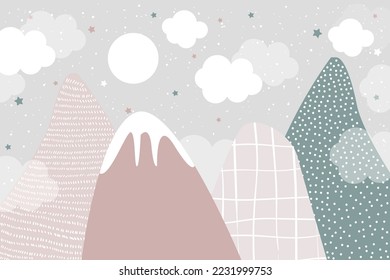 Vector hand drawn modern design of kids mountains. Mountains in doodle style. For children's wallpapers. Mountains, clouds, moon and stars.