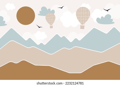 Vector hand drawn modern design of kids mountains. Mountains in doodle style. For children's wallpapers. Mountains, clouds, air balloon, sun and birds.