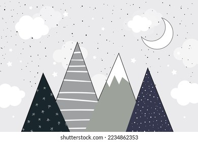 Vector hand drawn modern design of kids mountains. Mountains in doodle style. For children's wallpapers. Mountains, clouds, moon and stars.