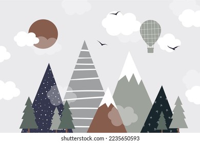 Vector hand drawn modern design of kids mountains. Mountains in doodle style. For children's wallpapers. Mountains, clouds, tree, forest, air balloon, sun and birds.