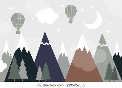 Vector hand drawn modern design of kids mountains. Mountains in doodle style. For children's wallpapers. Mountains, clouds, tree, forest, air balloon, moon and stars.