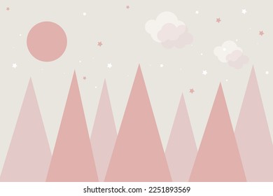Vector hand drawn modern design of kids mountains. Mountains in doodle style. For children's wallpapers. Mountains, clouds, moon and stars.