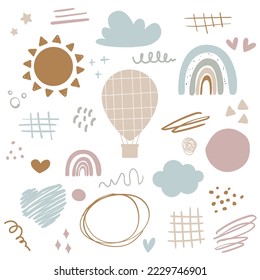 Vector hand drawn modern doodle set. Rainbow, dots, clouds, hot air balloon, doodle elements. Clipart set.