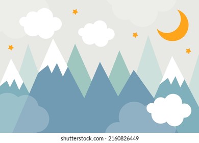 Vector hand drawn modern mountain landscape with stars, clouds and moon. Cute children's 3d wallpaper in scandinavian style. Children's room design.