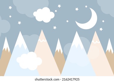 Vector hand drawn modern mountain landscape with stars, clouds and moon. Cute children's 3d wallpaper in scandinavian style. Children's room design.