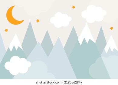 Vector hand drawn modern mountain landscape with stars, clouds and moon. Cute children's 3d wallpaper in scandinavian style. Children's room design.