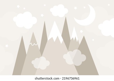 Vector hand drawn modern mountain landscape with stars, clouds and moon. Cute children's 3d wallpaper in scandinavian style. Children's room design.