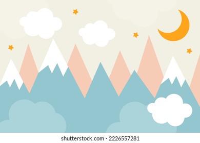 Vector hand drawn modern mountain landscape with stars, clouds and moon. Cute children's 3d wallpaper in scandinavian style. Children's room design.