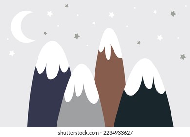 Vector hand drawn modern mountain landscape with stars, clouds and moon. Cute children's 3d wallpaper in scandinavian style. Children's room design.