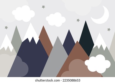 Vector hand drawn modern mountain landscape with stars, clouds and moon. Cute children's 3d wallpaper in scandinavian style. Children's room design.