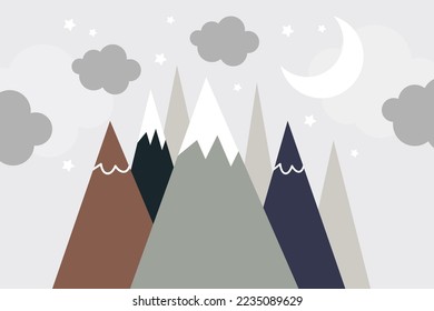 Vector hand drawn modern mountain landscape with stars, clouds and moon. Cute children's 3d wallpaper in scandinavian style. Children's room design.