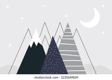 Mit Vektorgrafik handgezeichnete moderne Berglandschaft mit Sternen und Mond. Kleine Kindertapete im skandinavischen Stil. Kinderzimmer-Design.