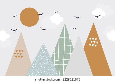 Vector. Hand drawn modern mountains in doodle style. Sun, birds, clouds and mountains. Children's landscape, wallpaper design, children's wall.