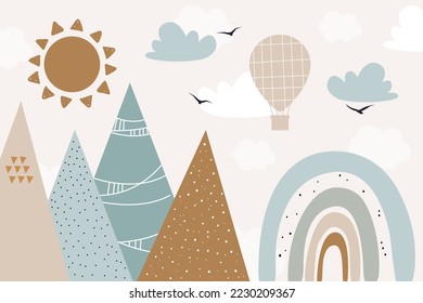 Vector hand drawn modern mountains with rainbow in doodle style. Children's mountains, clouds, rainbow, hot air balloon. For children's wallpapers.