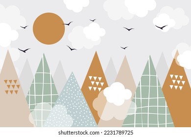 Vector. Montañas modernas dibujadas a mano en estilo doodle. Sol, pájaros, nubes y montañas. Paisaje infantil, diseño de papel pintado, pared infantil.