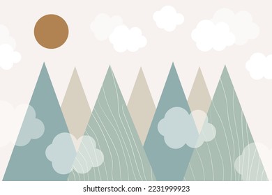 Vector. Hand drawn modern mountains in doodle style. Sun, clouds and mountains. Children's landscape, wallpaper design, children's wall.