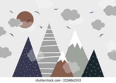 Vector. Hand drawn modern mountains in doodle style. Sun, birds, clouds and mountains. Children's landscape, wallpaper design, children's wall.