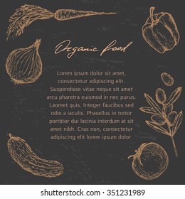 Vector hand drawn modern organic food concept, booklet, poster, brochure, menu. Chalkboard background, hand lettering.