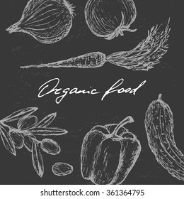 Vector hand drawn modern organic food concept, booklet, poster, brochure, menu. Chalkboard background, hand lettering.