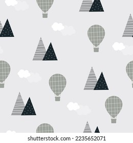 Vector hand drawn modern pattern with mountains, clouds, air balloon in doodle style. Children's wallpaper with mountains in scandinavian style. For gift paper, packaging, textiles.