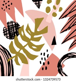 Vector hand drawn modern stylish poster with pattern in scandinavian style, floral elements. Home apparel, brush strokes print, abstract shapes, trendy painting. Banner and placard