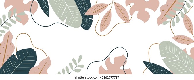 Vector hand drawn modern tropical frame. Tropical leaves, mostera, banana leaves, twigs. On a white background. For websites, social networks, background for text. Banner.