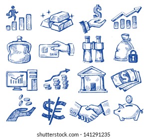 vector hand drawn money and business icons set on white
