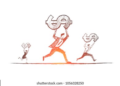Vector hand drawn money transfer concept sketch. Business people running and carrying dollars on raised hands.