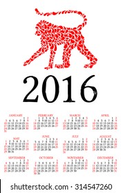 Vector hand drawn Monkey - the symbol of Chinese New Year 2016. With calendar.