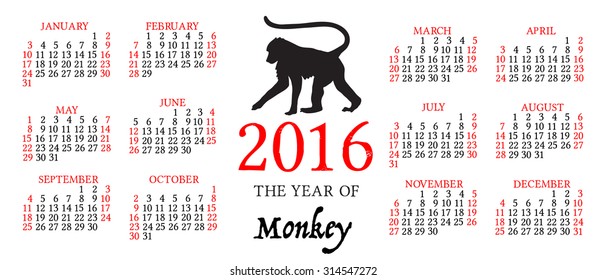 Vector hand drawn Monkey - the symbol of Chinese New Year 2016. With calendar.