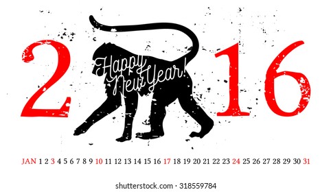 Vector hand drawn Monkey - the symbol of Chinese New Year 2016. With calendar.