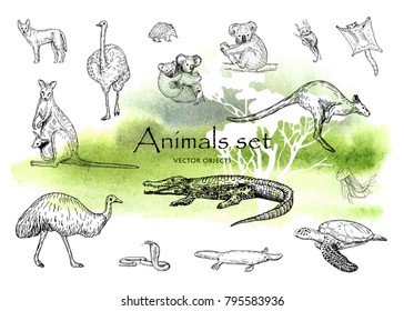 Vector hand drawn monochrome animals set. Pen style vector objects.