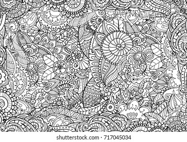 Vector hand drawn monochrome background, outline ornamental illustration in ethnic zentangle style for adult coloring pages. Abstract decoration doodle element